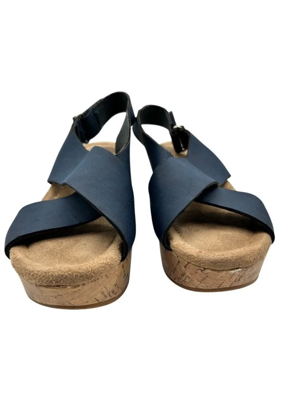Jessica Cline Navy Blue Wedge Sandals Cork Platform Slingback Women's Size 8.5M
